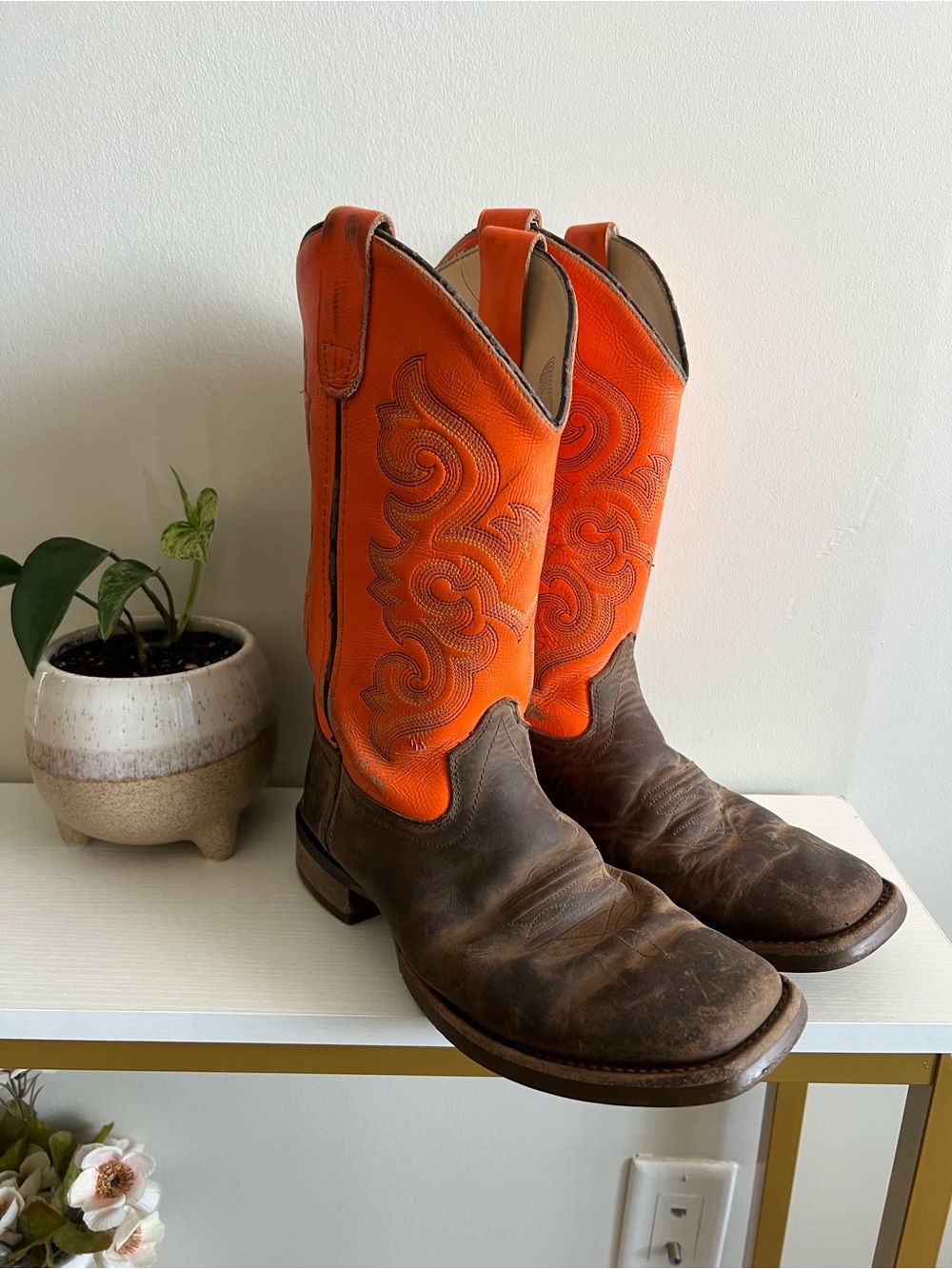 Old West Men's Cowboy Boots in Orange and Brown